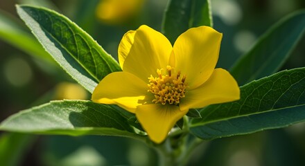 Close up of vibrant yellow flower and green leaves in natural sunlight