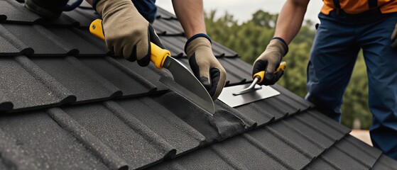 roofer carefully installing shingles on residential roofing system during home improvement project | construction, home improvement, renovation, exterior, housing theme