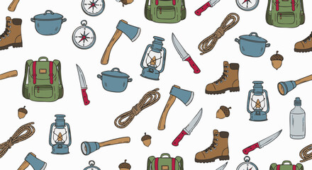 Hand-drawn seamless pattern of various outdoor and camping equipment on a clean white background