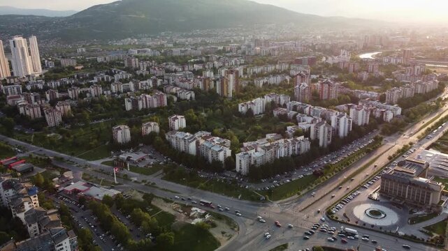 Sunset over Aerodrom Municipality: An Aerial View of Skopje's Urban Landscape