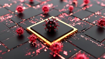 Abstract Illustration of Red Virus Particles on a Circuit Board with Orange Light and Black Squares - Powered by Adobe