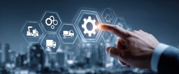 Hand pointing to a digital interface with logistics icons over a blurred cityscape