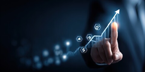 Businessperson's finger points to a glowing upward trending graph overlaid with financial icons
