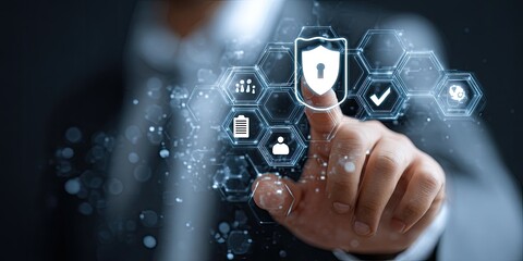 Businessperson's hand interacts with a digital security interface.  Overlayed icons represent data protection and management