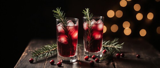festive cranberry cocktail with pine branch and ice cubes on wooden surface | christmas, holiday, party, celebration, refreshment theme