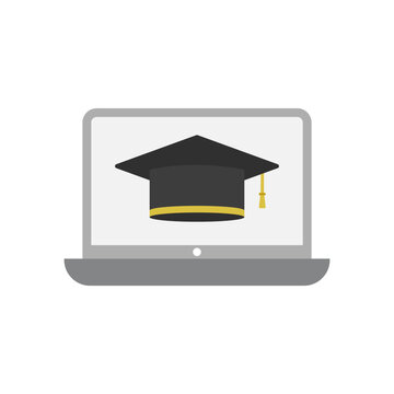 Virtual Learning Achievement Graduation Cap Displayed on Laptop Screen Icon Symbolizing Online Education Success and Digital Learning