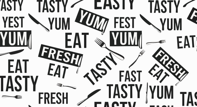 Seamless food-related pattern design featuring the words 'Tasty', 'Yum', 'Eat', and 'Fresh', along with knife and fork illustrations - Powered by Adobe