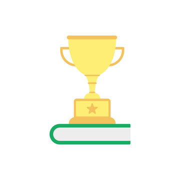 Flat vector illustration of a golden trophy cup standing on a green book, symbolizing academic success