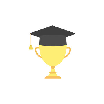 Gold trophy wearing black graduation mortarboard symbolizing academic success and student achievement