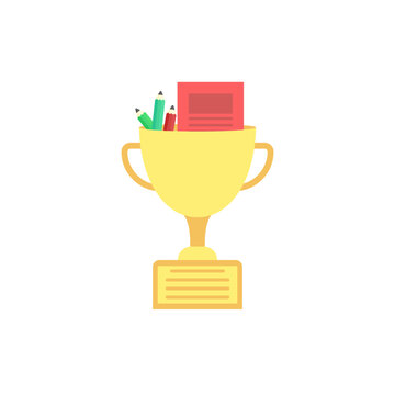 Vibrant flat design illustration of a golden trophy overflowing with educational supplies like books and pencils, symbolizing academic excellence and learning success