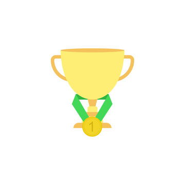 Golden trophy with medal awarded for first place achievement and victory