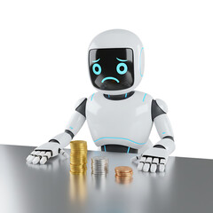 3d illustration of sad robot looking at his savings, a few coins isolated on transparent background concept of financial crisis, bankruptcy, loss of money