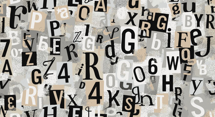 Seamless pattern of abstract typography collage, featuring jumbled letters, numbers, and distressed grunge textures