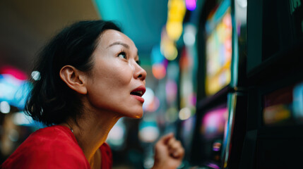 Asian woman with short hair is excitedly playing a slot machine in a vibrant casino, surrounded by colorful lights and gaming machines, capturing the thrill of gambling entertainment