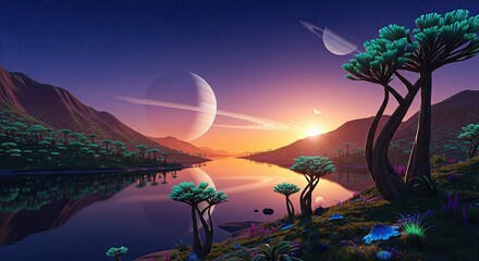 A serene alien landscape at sunset, featuring a tranquil lake reflecting a large, ringed planet and a crescent moon