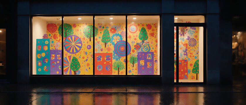 vibrant window display featuring modern geometric design and colorful abstract patterns | retail, business, advertising, decoration, art theme