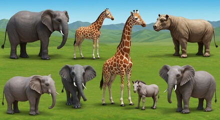 African wildlife elephants giraffes and rhinos on green landscape