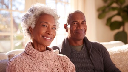 Happy african american senior woman and man sitting on sofa. Healthy and active lifestyle for elderly people. Senior couple portrait.