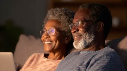 Smiling african american woman and man watching movie on laptop at home. Happy elder couple enjoying technology and entertainment.