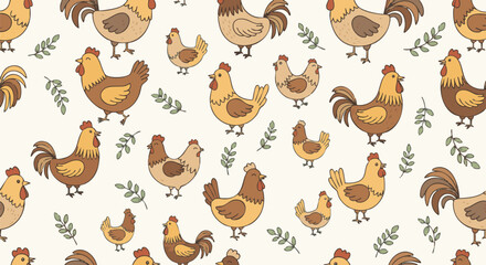 Seamless pattern with cute, hand-drawn cartoon chickens and roosters scattered among green sprigs on a light background