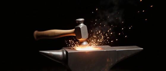 skilled blacksmith forging metal with a powerful hammer strike | industry, tool, art, work, construction theme