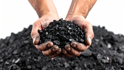 Coal grains in man coal miner's hands over a pile, closeup. Coal house heating and home heating energy. Mining industry and environment protection