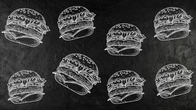 animation of hamburgers on dark stone background