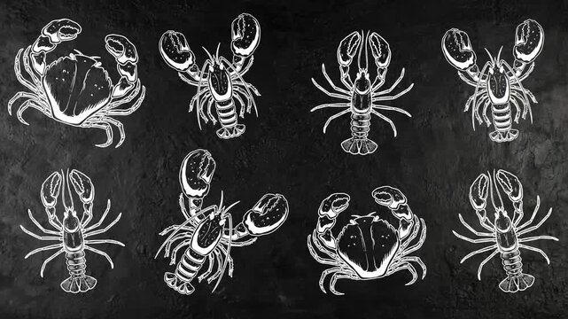 animation of crabs, lobsters in charcoal style on