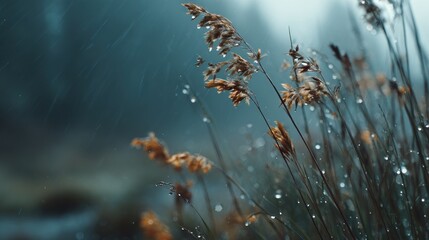 Dreamy reed details under a gentle rain shower in a serene forest landscape