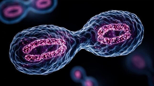 Microscopic view of cells dividing with pink and white internal structures on a black background