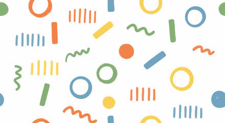 Vibrant, colorful, hand-drawn abstract seamless pattern in retro 80s Memphis style on a white background