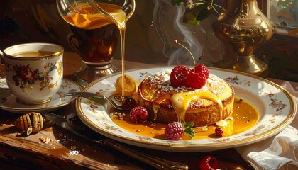Breakfast Elegance: French Toast with Berries and Honey in a Classic Setting