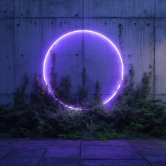 Neon purple circle frame on weathered concrete wall, surrounded by overgrown vegetation