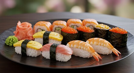 Delicious sushi assortment arranged on a black plate ready to eat