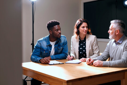 Caucasian middle aged woman sitting at table with Black young adult man and Caucasian senior man, all writing and discussing documents during business meeting in office setting - Powered by Adobe