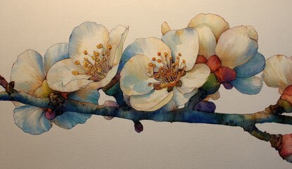 A detailed watercolor and ink painting showcases delicate blossoms, featuring a profusion of soft whites, pastels, and subtle hues of pink, blue, and gold, on a light beige background.