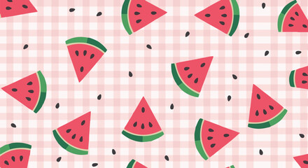 Vibrant seamless pattern with watermelon slices and seeds on a pink gingham background
