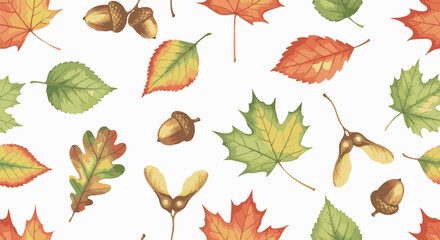Fototapeta premium Vibrant watercolor-style seamless pattern featuring assorted fall foliage, acorns, and maple seeds on a clean white background