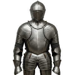 Full medieval suit of armor with helmet, isolated on white background, detailed knight protective gear for battle or historical display