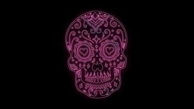animation of mexican sugar skull from glowing neon