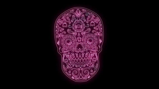animation of mexican sugar skull from glowing neon