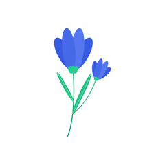 Simple graphic illustration of two elegant blue flowers with green stems and leaves, perfect for spring or nature-themed digital designs