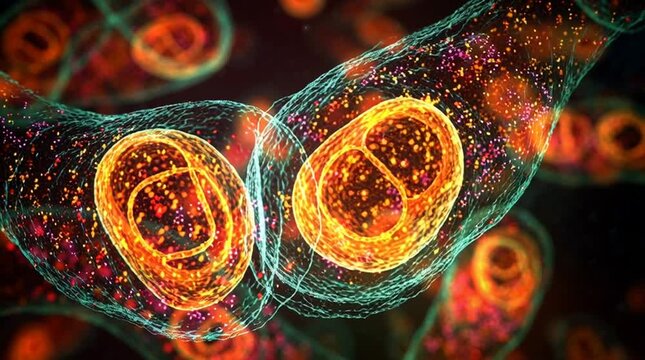 Close up view of several tetanus bacteria with orange and green hues on a dark background