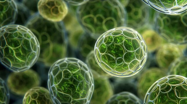A detailed close up of many green and yellow spherical cells with visible internal structures seen closely
