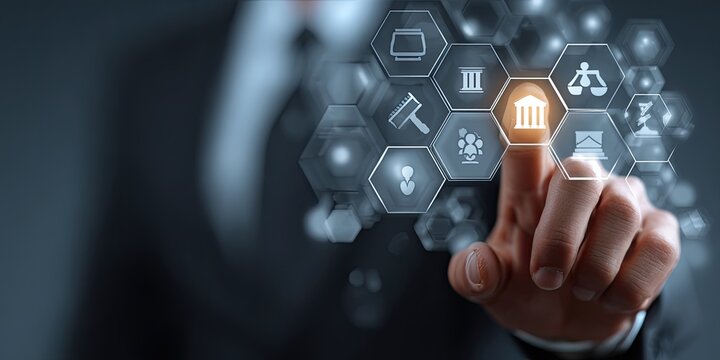 Businessperson's finger touching a glowing, hexagonal icon interface, showing legal and financial elements