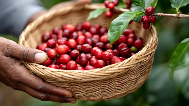 Harvesting ripe coffee cherries: hands gently collecting bountiful red fruit from bushy greenery