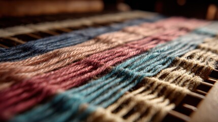 Fototapeta premium Medium shot showing detailed weaving of dyed threads using sustainable organic pigments emphasizing rich colors with the workspace subtly out of focus.
