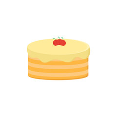 A delicious layered cake with creamy frosting and two cherries on top, perfect for any celebration or dessert