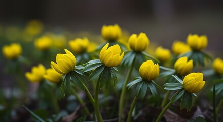Close up of vibrant yellow flowers blooming outdoors in natural setting