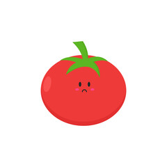 A charming and cute fruit illustration of a sad cartoon tomato character, perfect for children's designs or content needing a touch of expressive, wholesome garden produce
